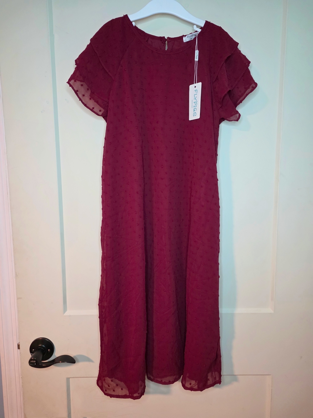FLYPIGS - Girls- Burgundy Chiffon Midi Dress with Tiered Ruffle Sleeves